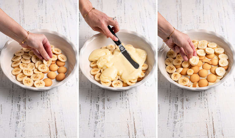 Side by side photos of the assembly of banana pudding.