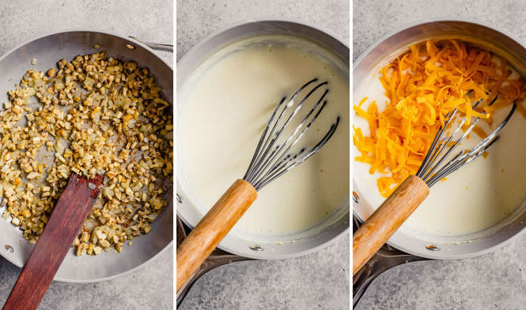 A picture on the left of cooking the mushrooms, the middle of making the sauce, and the right the sauce topped with shredded cheese.