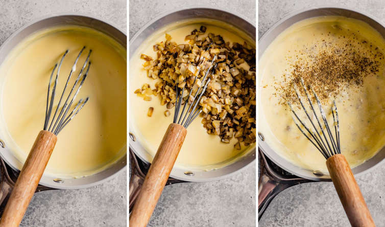Three pictures of making the cheesy sauce with a whisk in the pot.