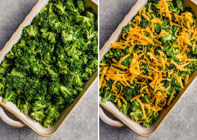 Side by side images of broccoli casserole with blanched broccoli on the left in a casserole dish and shredded cheese on top of broccoli on the right.