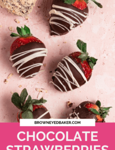 A pink background with six chocolate strawberries drizzled with white chocolate and a pink rectangle at the bottom with the words chocolate strawberries at the bottom in white.