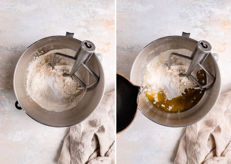 Two side by side photos of mixing the focaccia dough with a paddle attachment.