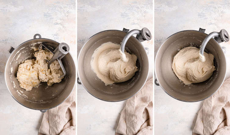 Three side by side photos of mixing the focaccia dough with a dough hook.