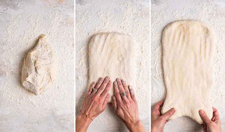 Three side by side photos of how to stretch out focaccia dough.