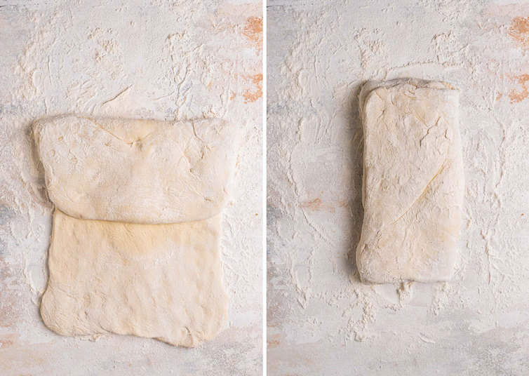 Side by side picture of how to fold the focaccia dough.