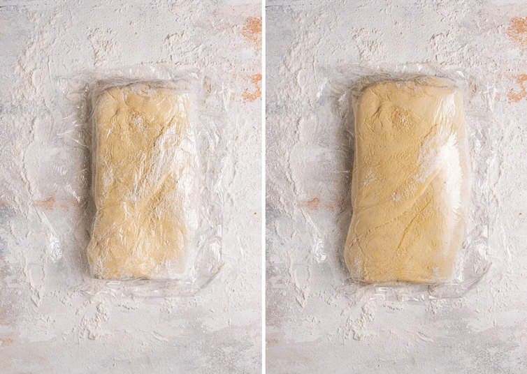 Dough wrapped in plastic wrap on the left and dough double in size on the right.