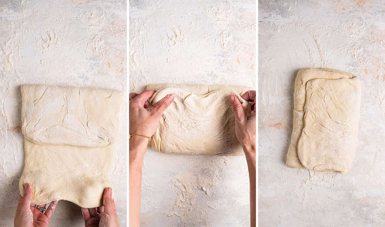 Three side by side photos of hands folding dough into a tri-fold.