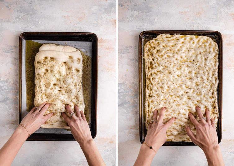 Side by side photos of hands putting dimples into a lined baking sheet.