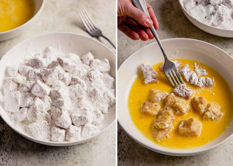 Side by side photos of battering the chicken first with cornstarch then with the egg.
