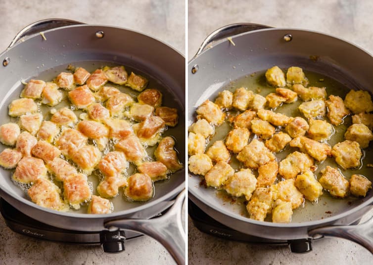 Side by side photos of pan-frying the chicken for sweet and sour chicken in a non-stick skillet.