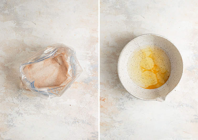 Side by side photos of ingredients for candied pecans on a white counter.