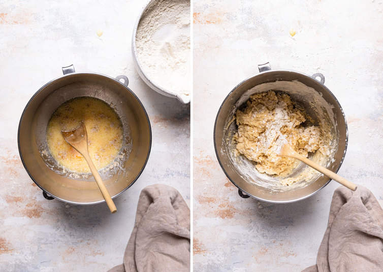 Ingredients for dough on the left in a silver bowl and dough loosely mixed together on the right in a silver bowl.