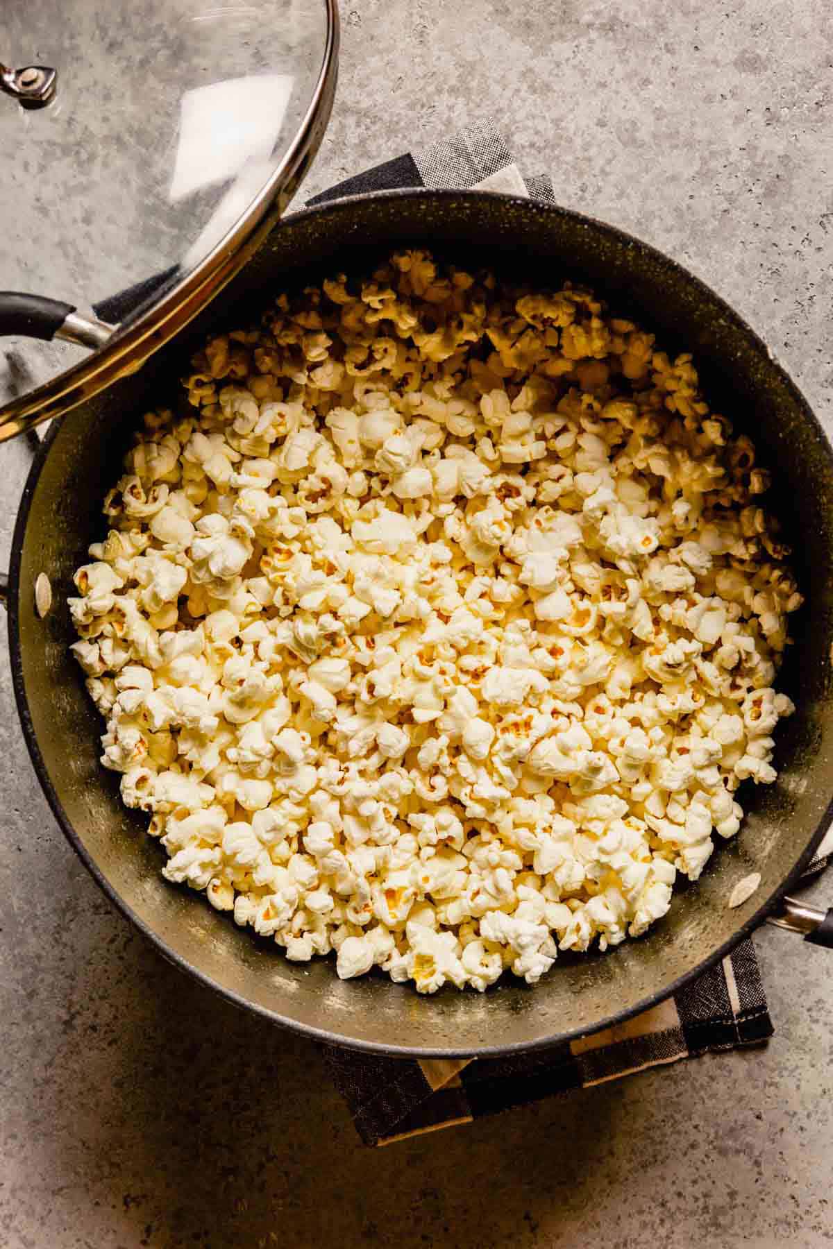 Pot full of popped popcorn.