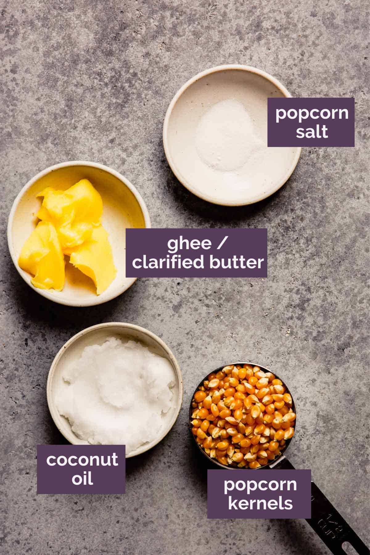 Ingredients for homemade popcorn prepped and labeled.