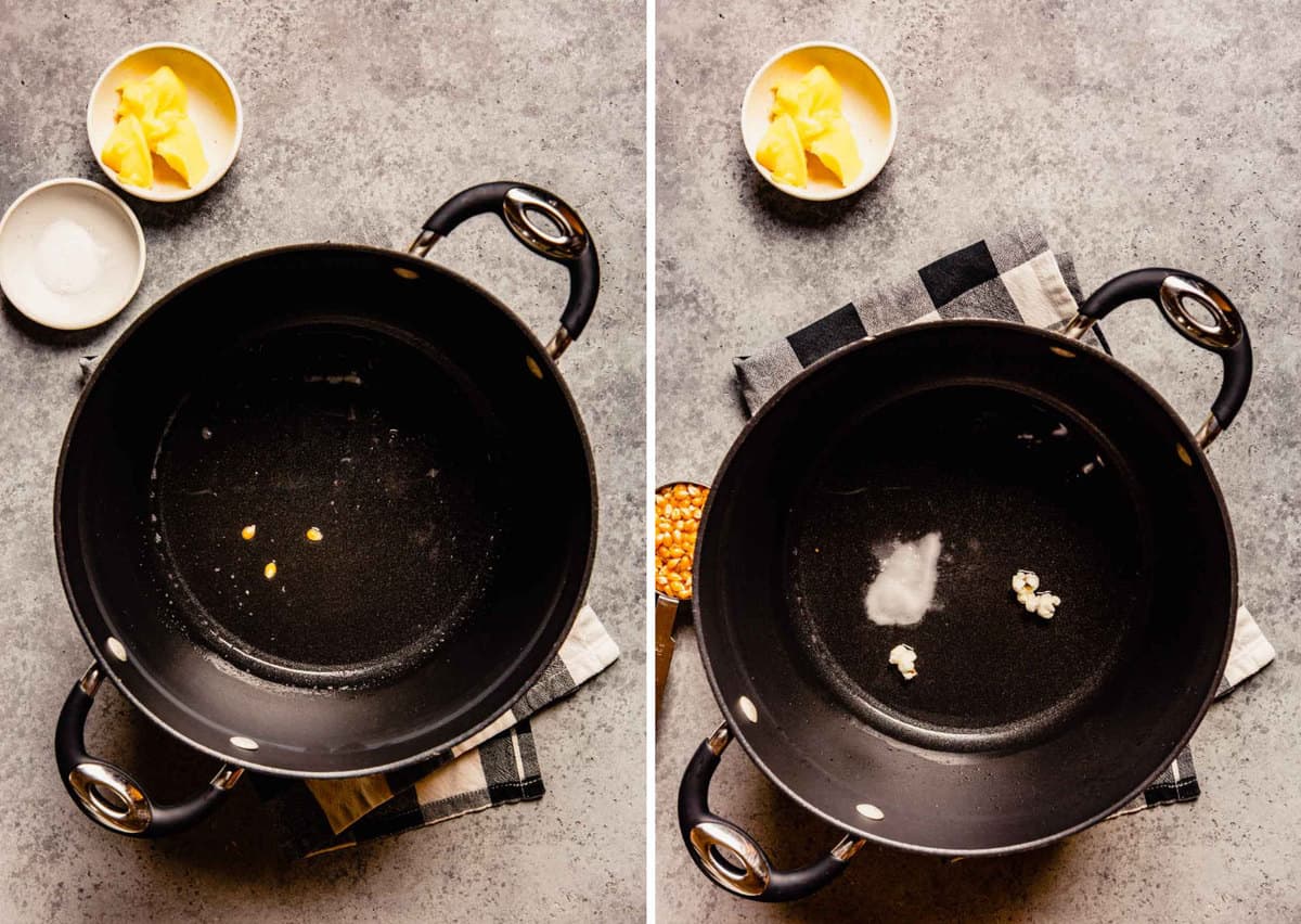 Photos of melted oil and popcorn kernels in a pot.