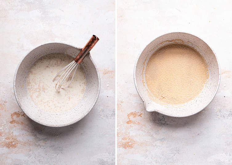 Side by side photos of the paska bread dough in a white bowl, on the left a whisk mixes the ingredients and on the right the yeast activates in the bowl.