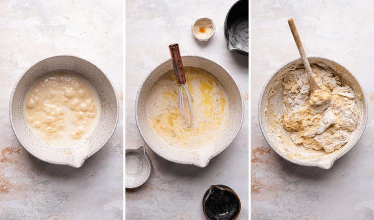 Three side by side photos of the steps to make the dough for paska bread. of the