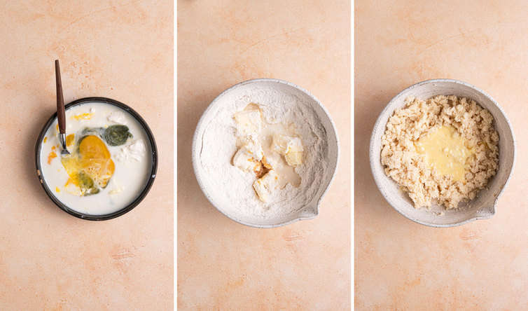 Side by side photos of a mixing bowl showing the different steps for strawberry cupcakes.