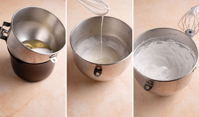 Side by side photos on making meringue butter cream frosting showing the egg whites and sugar cooking and beating to soft smooth peaks.