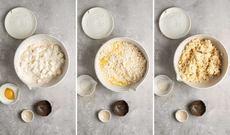 Three side by side photos of the steps to make the pastry dough.