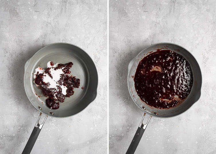 Two side by side photos of the steps to make the strawberry filling.