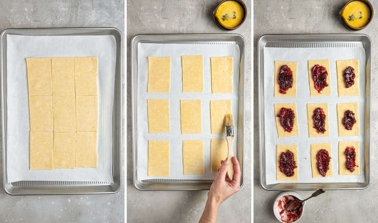 Three side by side photos of how to roll, cut, and fill homemade pop tarts on a lined baking sheet.