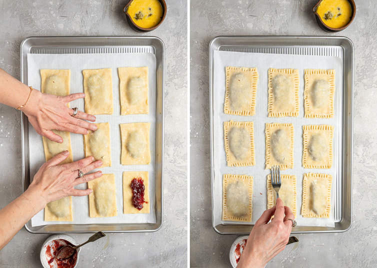 Two side by side photos of how to top and press homemade pop tarts on a baking sheet.