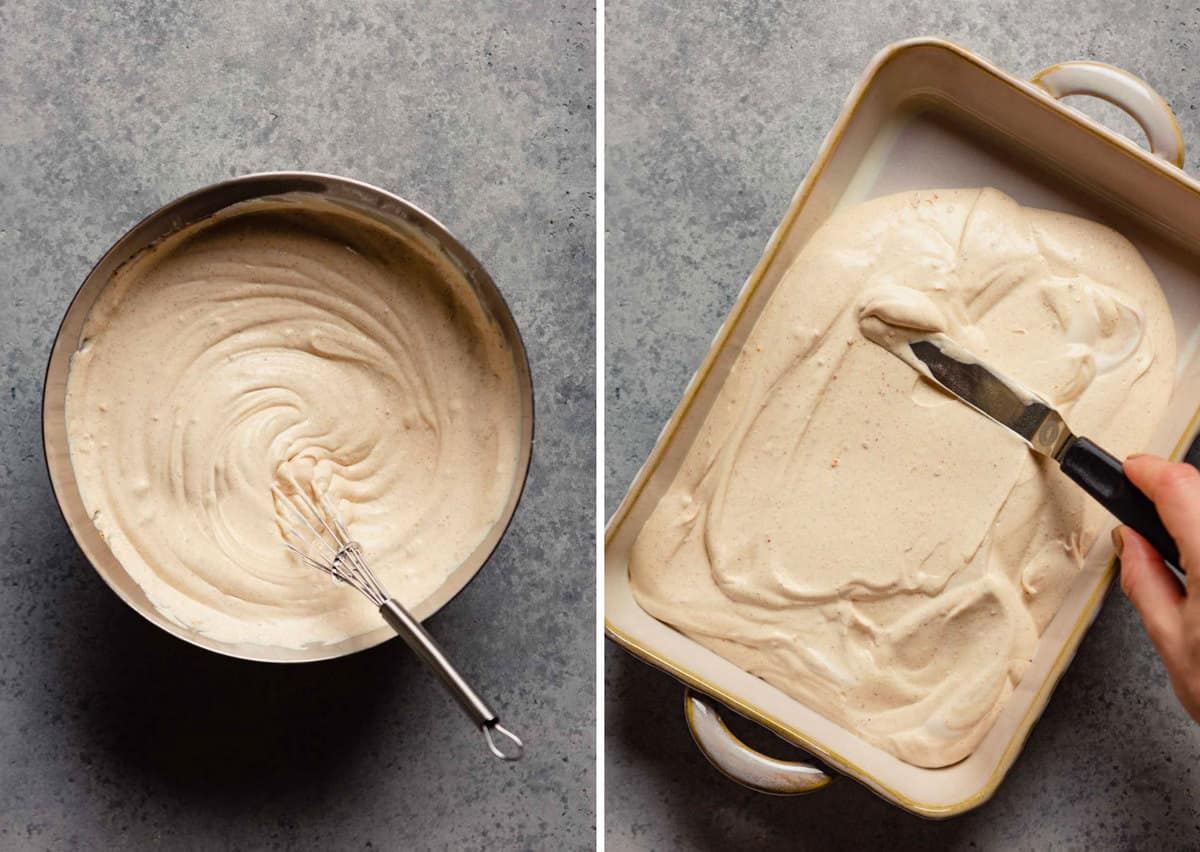 On the left a mixing bowl with a whisk and taco dip filling on the right an offset spatula spreading taco dip filling in a casserole pan.
