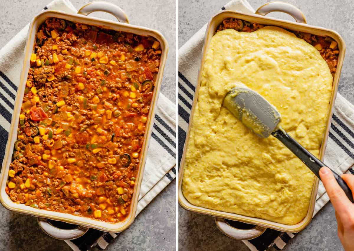 Side by side photos of a casserole dish with the meat filling on the left and the cornbread topping on the right.