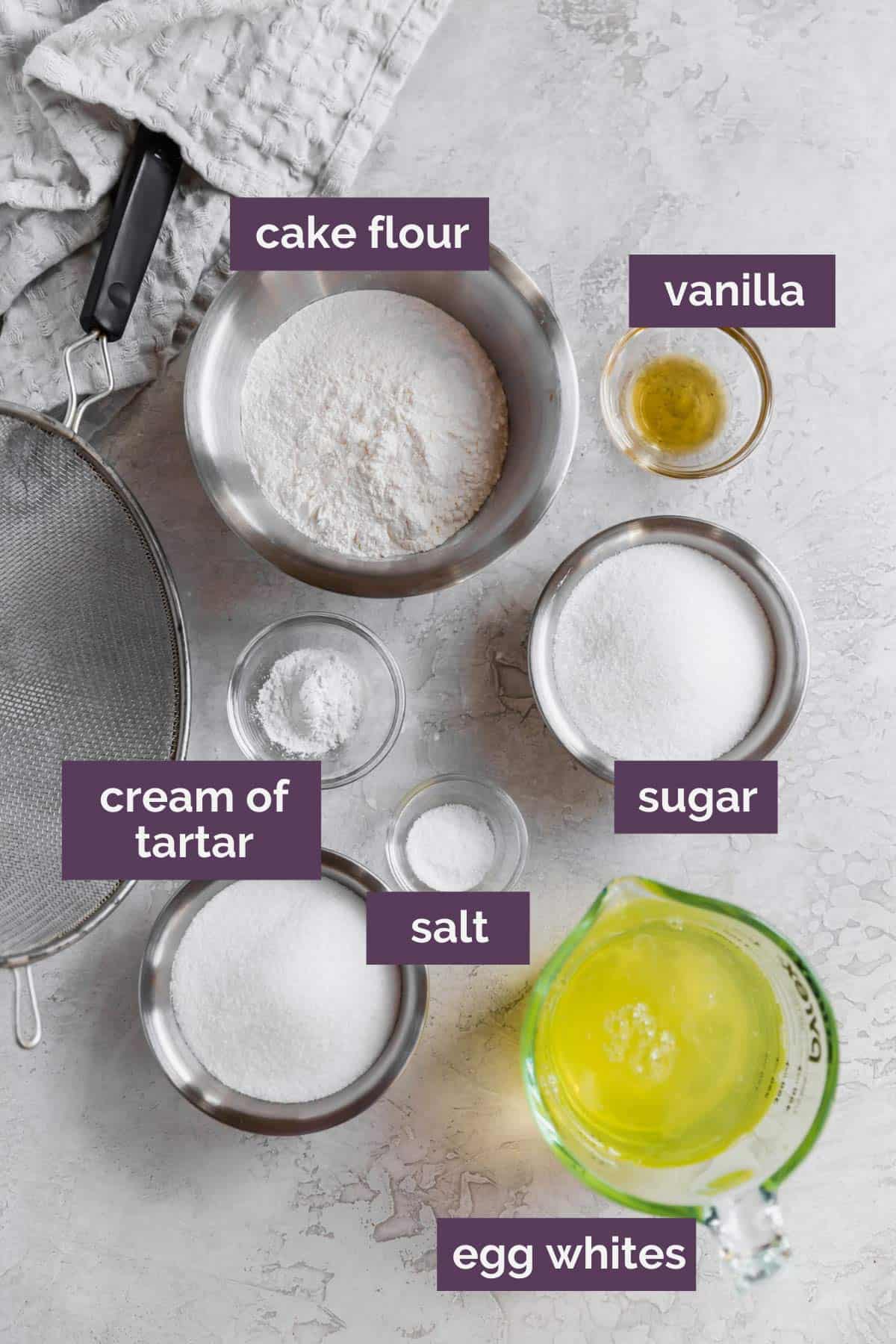 Ingredients for angel food cake prepped and labeled.