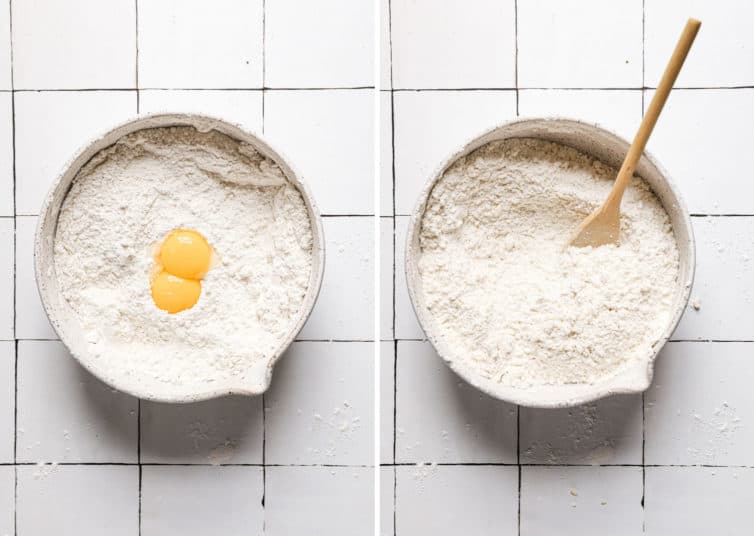 Two side by side photos of bowls prepping the cannoli shell dough.