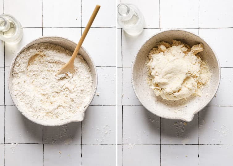 Two side by side photos of white bowls on the left a flour mixture with a spoon and on the right the cannoli shell dough.