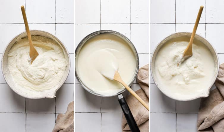 Three side by side photos of the steps for making the ricotta filling.