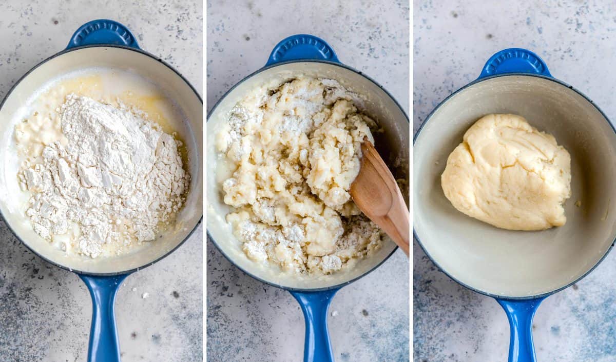 Three side by side photos of the process of making churro dough in a blue skillet.