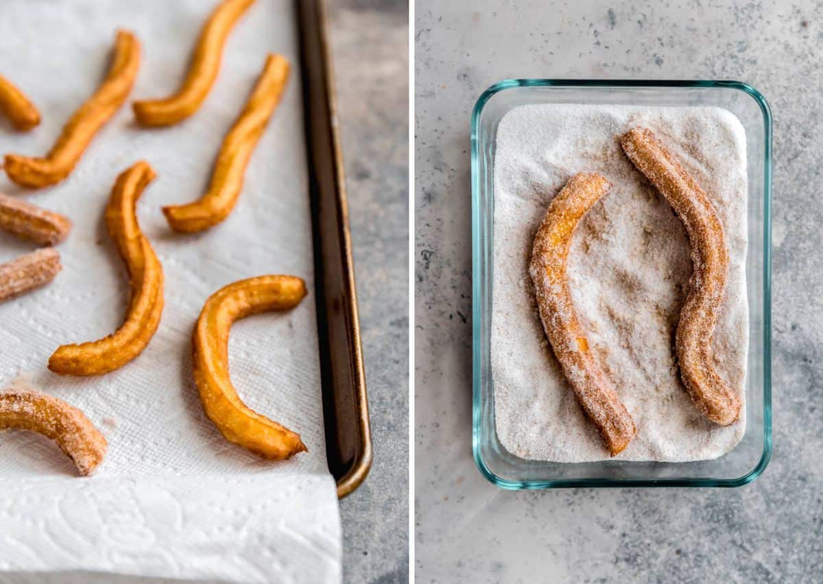Fried churros on a paper-towel lined baking sheet on the left and a shallow glass container with cinnamon sugar coated churros on the right.