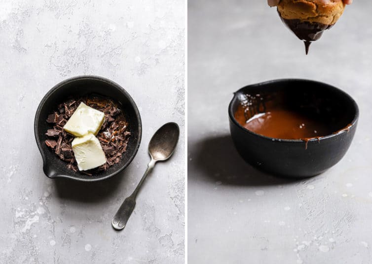 Side by side images of a black bowl with unmelted chocolate glaze on the left and melted chocolate glaze with a cream puff dipped in on the right.