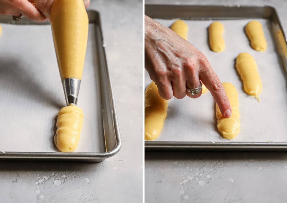 Side by side photos of how to pipe the pastry cream and how to pat down the eclairs.
