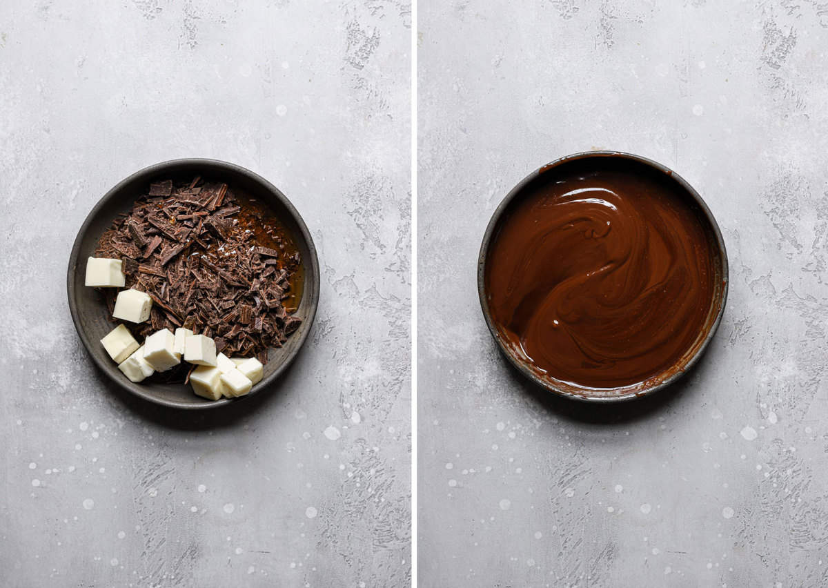 Side by side photos of the chocolate glaze before melting on the left and after melting on the right.