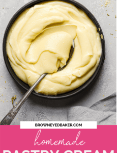 A black bowl of pastry cream with a spoon and a pink rectangle at the bottom that says Homemade Pastry Cream in white.