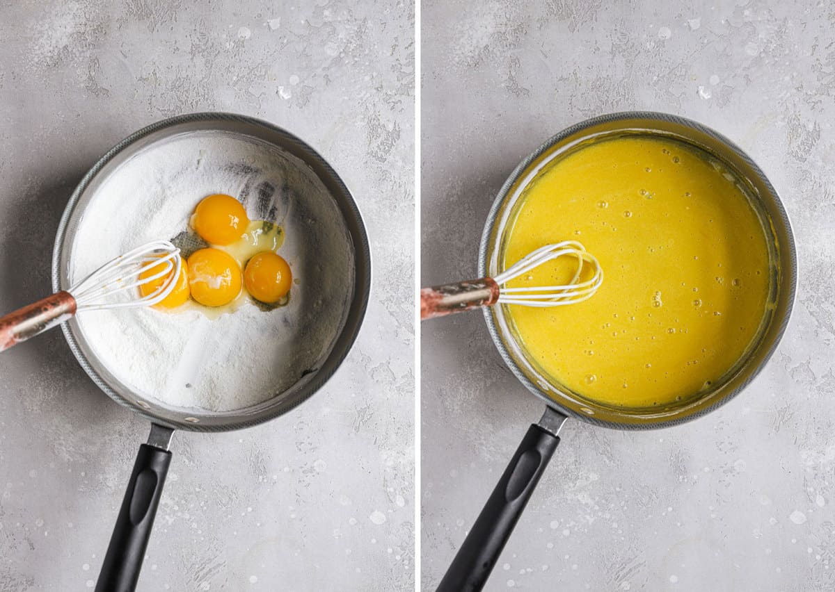 Side by side photos of a saucepan with the unmixed egg yolks on the left and mixed egg yolks on the right.