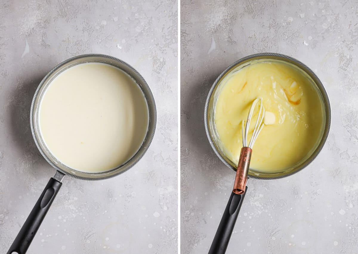 Side by side photos of the pastry cream in a sauce pan before thickening on the left and after thickening on the right.