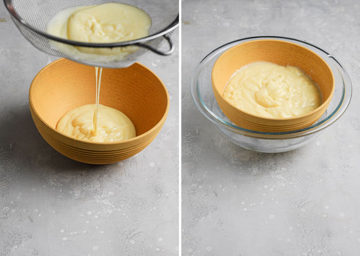 Side by side photos of running the crème pâtissière through a sieve on the left and cooling in an ice bath on the right.