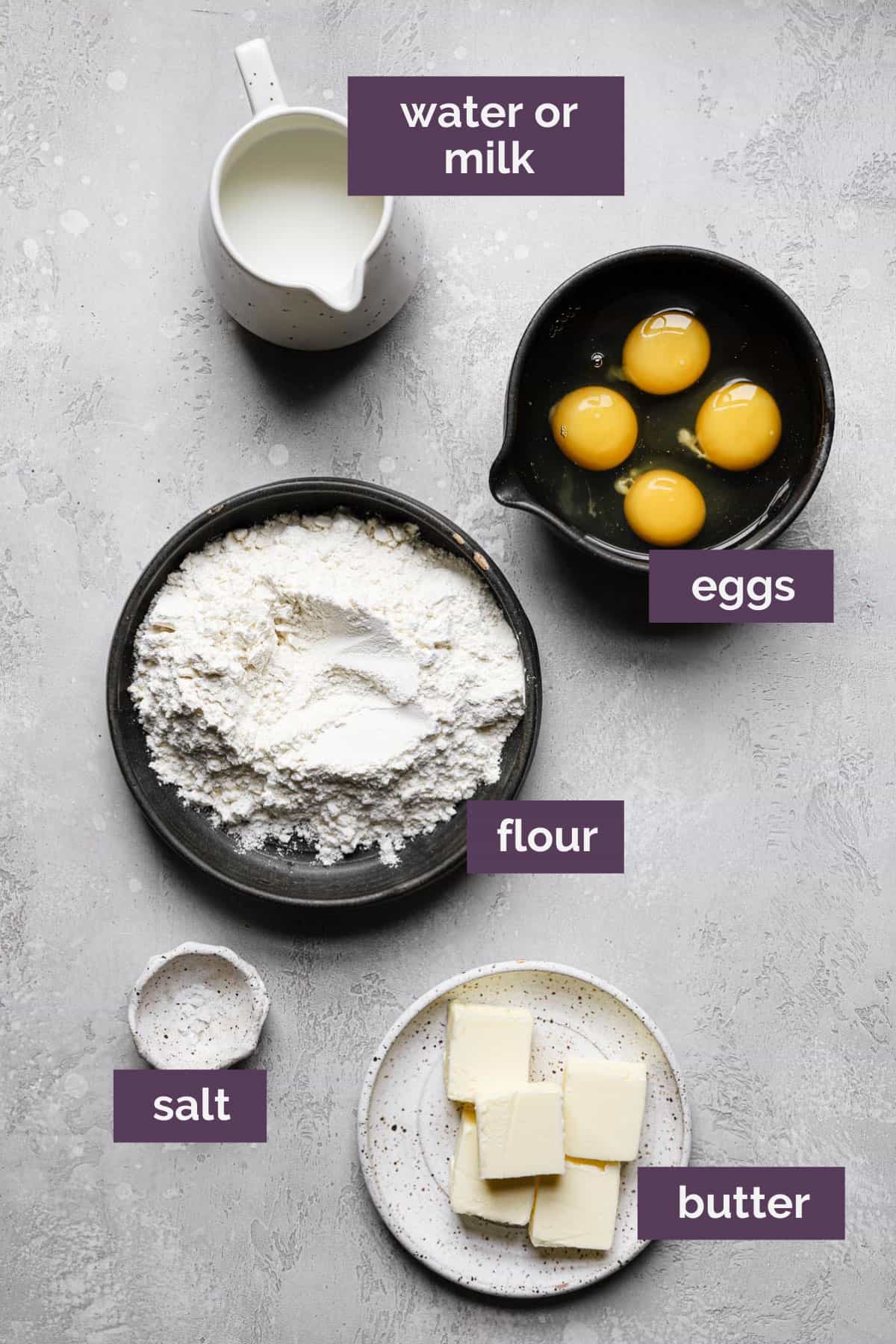 Ingredients for pate a choux prepped and labeled.