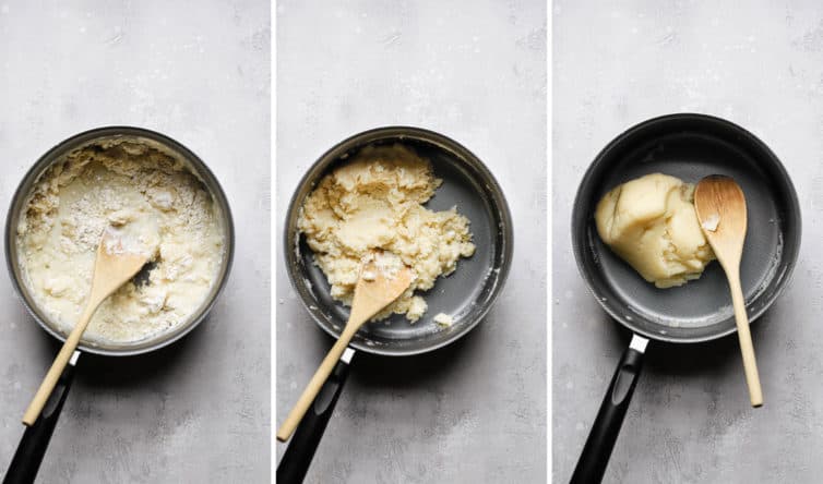 Stirring together choux pastry dough in a saucepan.