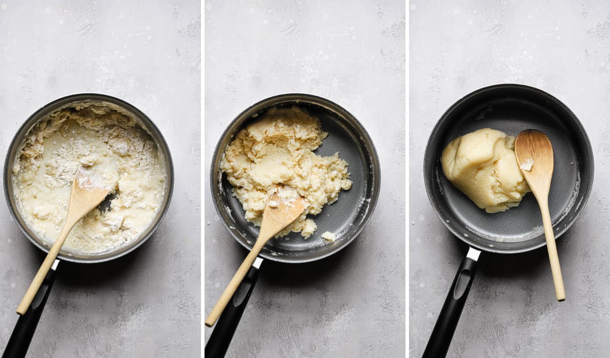 Stirring together choux pastry dough in a saucepan.
