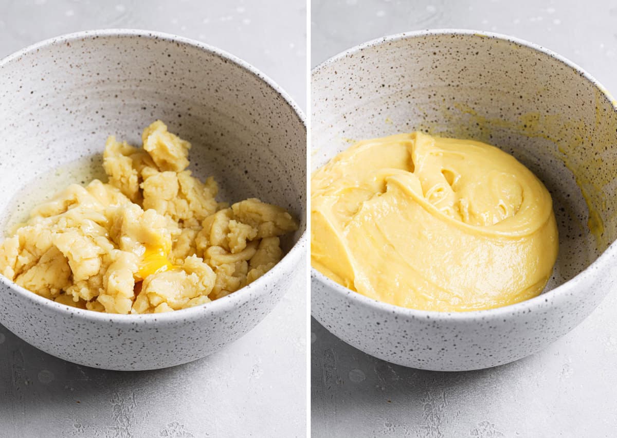 Mixing eggs into pate a choux dough.