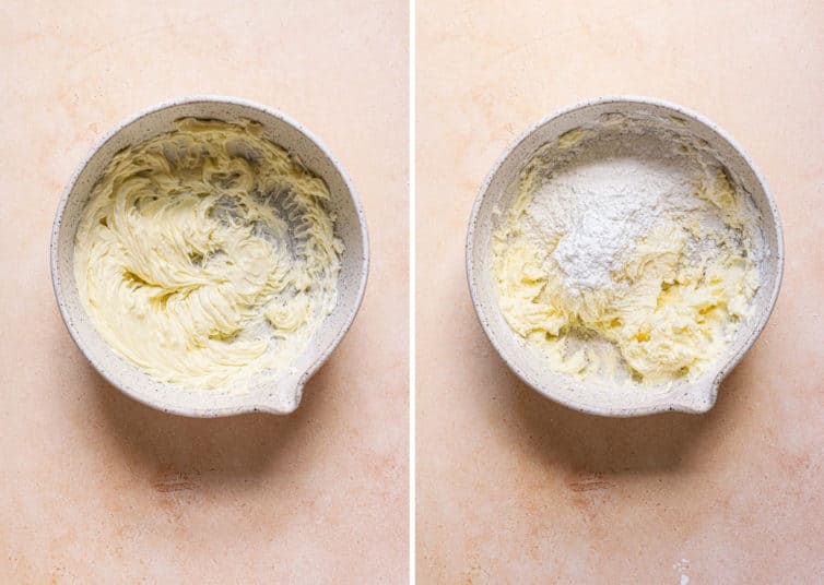 Side by side bowls of buttercream frosting on the left is whipped butter and on the right is with powdered sugar being added.