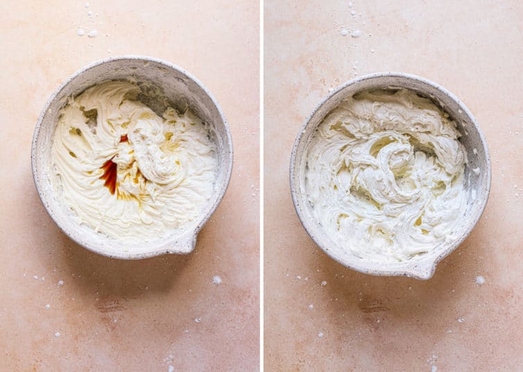 Side by side photos of vanilla buttercream frosting in bowls with vanilla being added on the left and after heavy whipping on the right.
