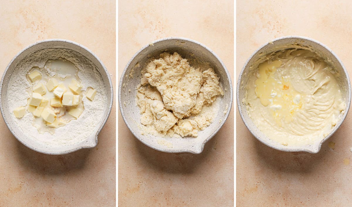 Three side by side images of bowls with vanilla cupcake batter being made.