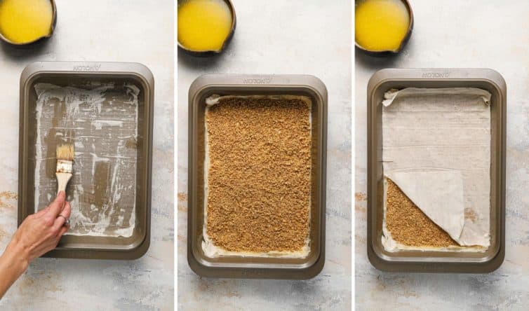 Three side by side photos of buttering, layering, and making the baklava.